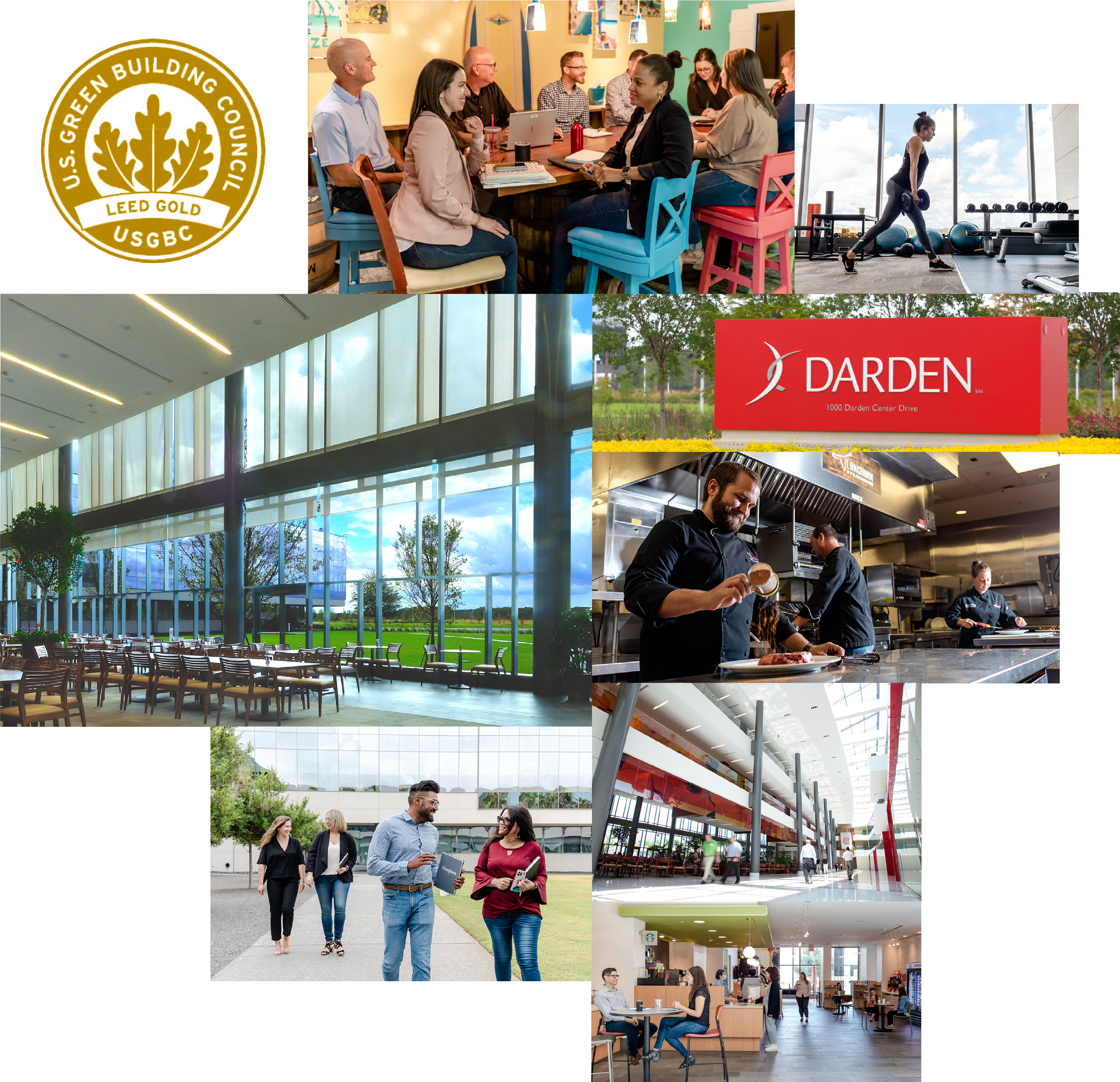 A collage of Restaurant Support Center life and its green building award